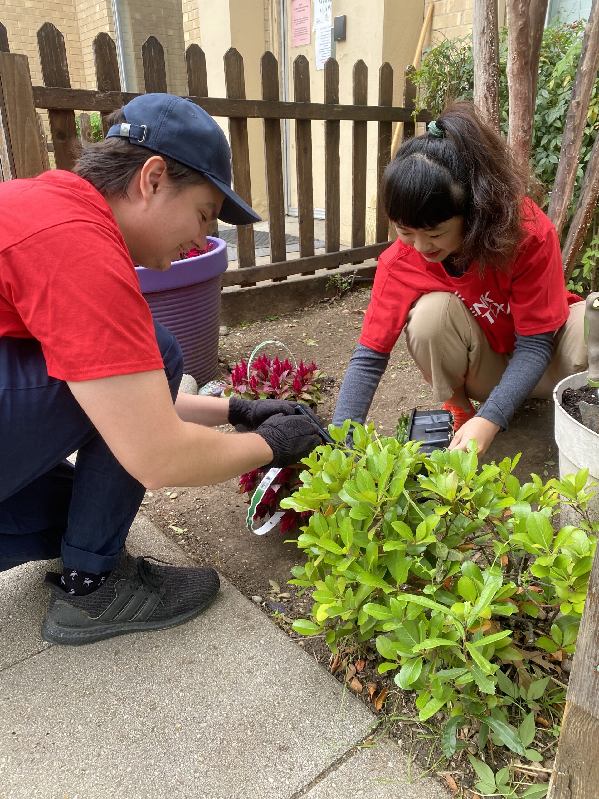 two volunteers planting plants on campus grounds