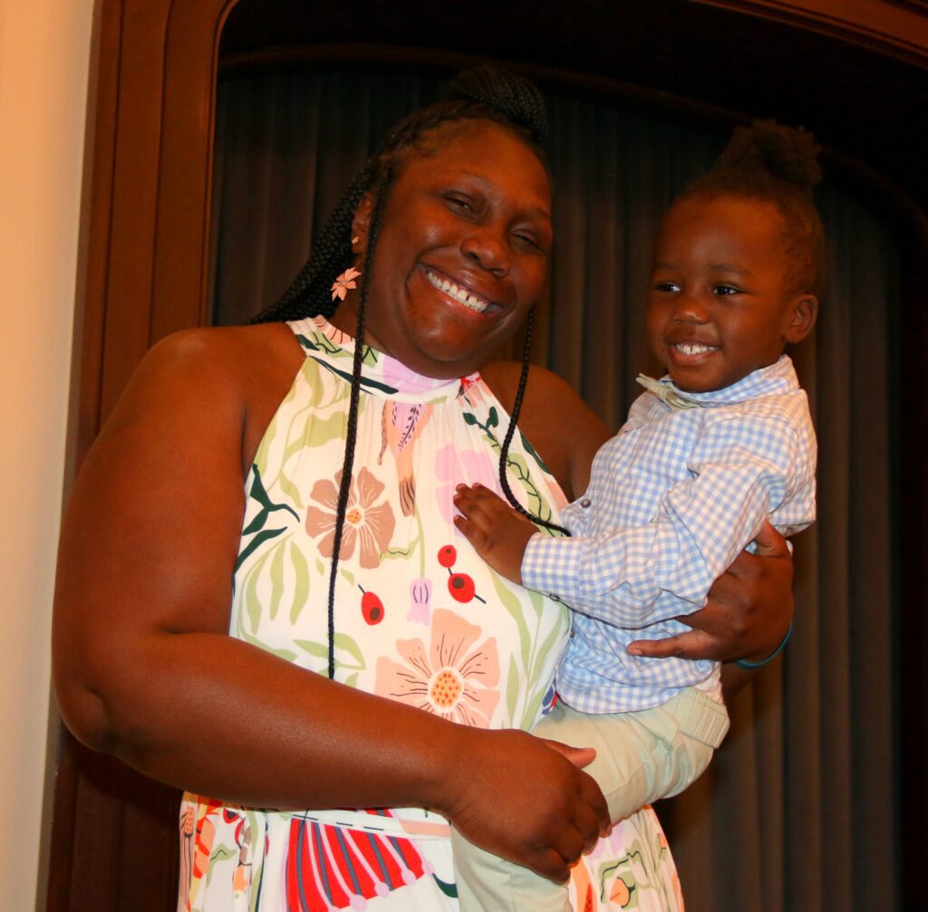 smiling mother and her son